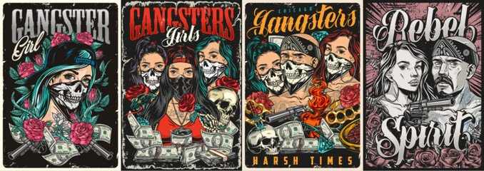 People gangsters colorful set posters