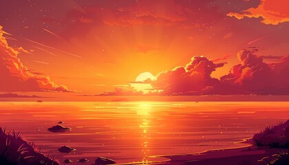 sunset at thee sea with orange sky and cloud in the style of Anime