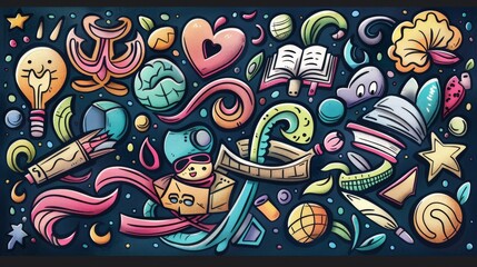 Fototapeta premium A vibrant collection of various colorful and whimsical objects, shapes, and patterns, including a light bulb, hearts, books, and more, set against a dark background.