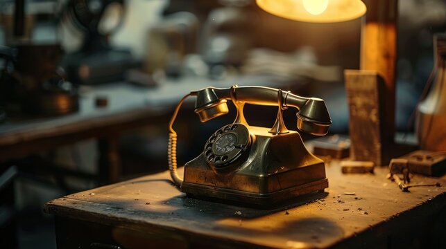 Vintage Rotary Phone on Wooden Table - Powered by Adobe