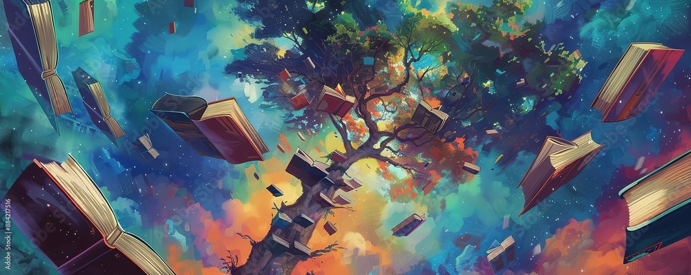 Wall mural illustration of a collection of several floating books and a tree with an abstract sky background