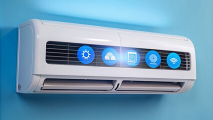 Fototapeta premium Modern air conditioner with ionizer and water vapor icons displayed on digital screen, mounted on a white wall, against a clean blue background.