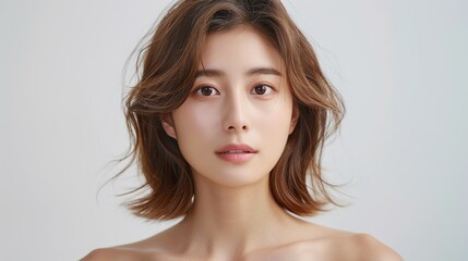 Naklejka premium A young woman with short brown hair looks directly at the camera.