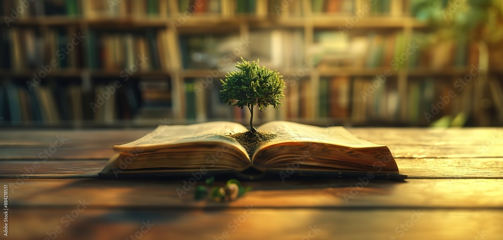 Wall mural illustration of a tree growing well above an open book on a table in a room with a bookshelf in the 