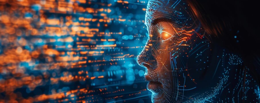 Abstract portrait of a face with digital code overlay.