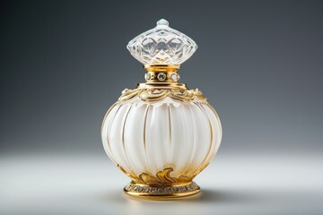Elegant, antique perfume bottle with gold accents isolated on a soft gradient backdrop