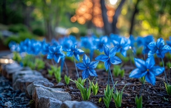 Blue pinwheels planted in a garden for awareness, National Child Abuse Prevention Month, visibility and hope