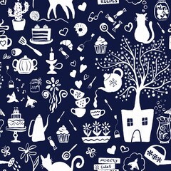 Seamless pattern from tableware, flowers, plants, kitchen utensils, sweets, cats, birds etc, on blue background, digital illustration in hand drawn doodle style. For wallpapers, wrapping paper, fabric