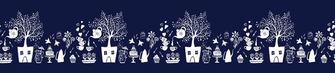 Seamless border from tableware, flowers, plants, kitchen utensils, sweets, lemonade, birds etc on blue, digital illustration in hand drawn doodle style. For washi tape, belts, ribbons, wallpaper trims