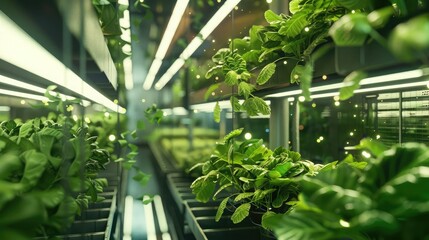 Agricultural greenhouse in hydroponic concept farming shelves and hologram effect.