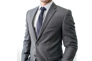 Close-up of a man wearing a grey suit with a tie, emphasizing formal business attire and a professional look against a white background.