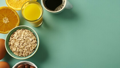 Blue background with oatmeal, orange juice, and coffee, all displayed for a copy space