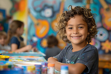 Joyful Creativity: Young Child Painting in Colorful Studio