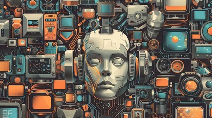 AI Head Surrounded by Technological Devices