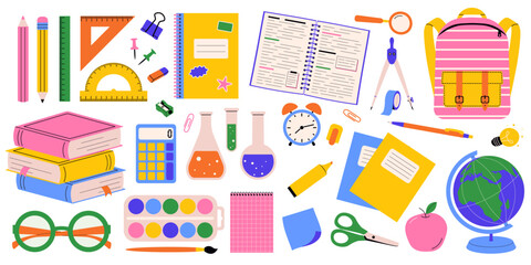 Bright Set of school supplies. Back to school stationery collection. Various accessories for study, student equipment and office