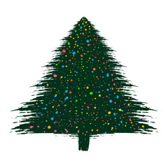 Christmas tree, grunge brush drawing art. Beautiful doodle spruce (fir tree) with color paint blots (garland). Vector illustration.