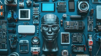 AI Head Surrounded by Technological Devices