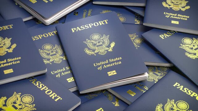USA passports. United States immigration, citizenship, travel and tourism concept. 3d animation