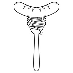 spaghetti and sausage on a fork illustration hand drawn outline vector