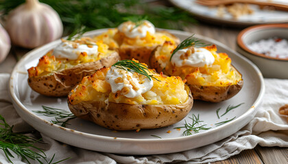 Baked potato filled with sour cream on white plate on wooden table