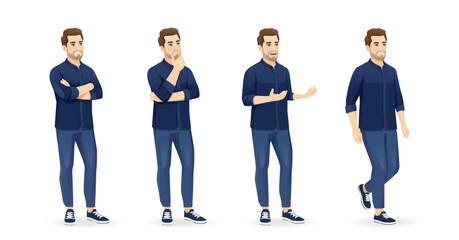 Obraz premium Set of young handsome man poses wearing blue shirt and jeans half turn view different gestures set isolated vector illustration