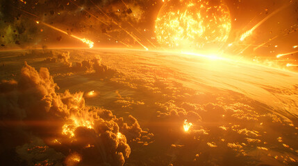  A dystopian solar planet experiencing the effects of a massive coronal mass ejection, with fiery explosions and atmospheric disturbances 