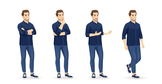 Set of young handsome man poses wearing blue shirt and jeans half turn view different gestures set isolated vector illustration