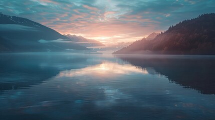 Alpine mountain lake at sunrise