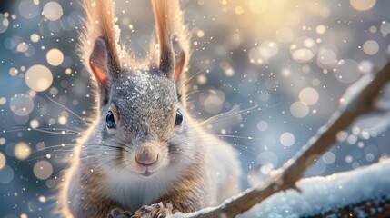 Amazing card with funny fluffy squirrel on a tree on a beautiful magical background.The face of a squirrel with tufted ears and black eyes close-up. Wild animals in winter or springtime in forest