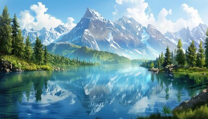 Generate a high quality digital matte painting of a mountain lake