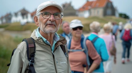 Obraz premium A man with a backpack and a hat stands in front of a group of people