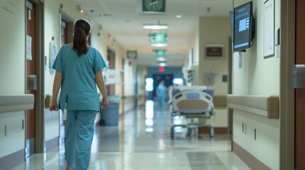 Obraz premium A nurse in scrubs walks through a bright hospital corridor, showcasing the healthcare environment and patient care atmosphere.
