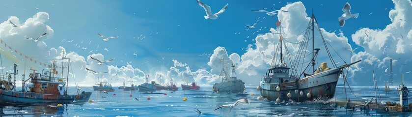 Obraz premium A group of fishing boats are anchored in a calm sea
