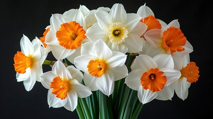Naklejka premium A vase filled with white and orange flowers sits on a black background