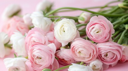   A bouquet of pink and white flowers resting on a pink background, with one stem remaining attached