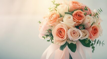 Obraz premium Peach and white roses in a green top, pink ribbon at the base