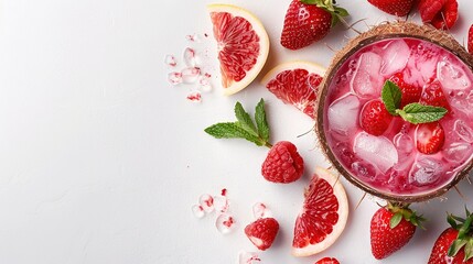   A white surface adorned with sliced oranges, a bowl filled with ice and strawberries, and a garnish of fresh mint