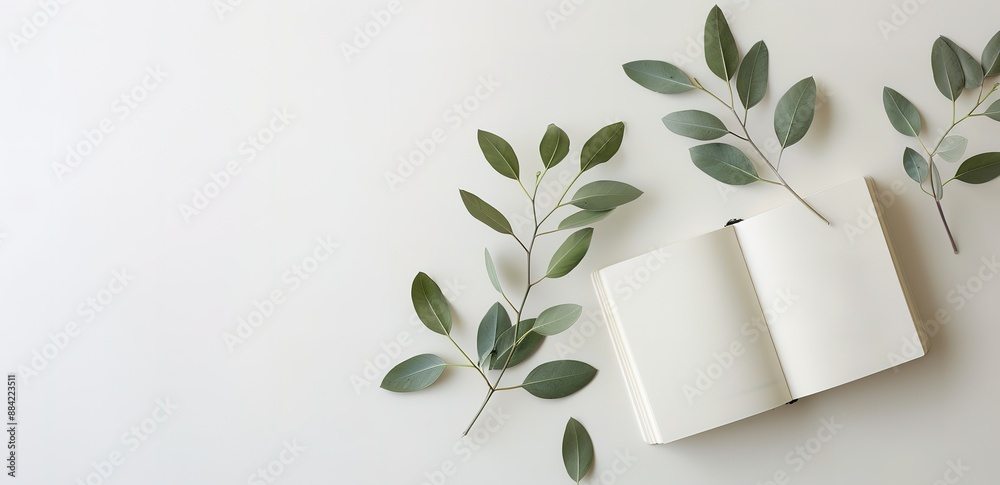 Poster an open notebook with several flower branches on a white background
