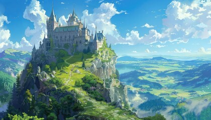 A majestic castle stands on a hilltop overlooking a beautiful valley