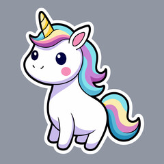 A cute unicorn with rainbow mane and tail on gray background