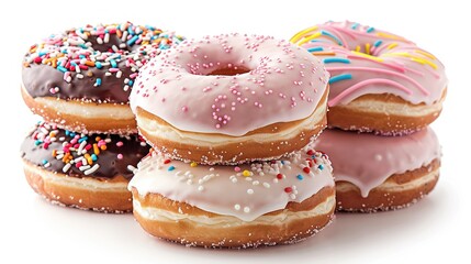 Fototapeta premium A tower of doughnuts adorned with sprinkles sits atop a white background