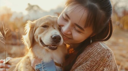 Asian women playing with funny dog. AI generated image