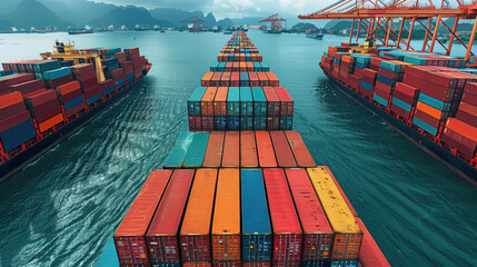 Fototapeta premium A large container ship is docked at a port, being loaded and unloaded by cranes. There are other ships in the background, waiting to be loaded or unloaded.