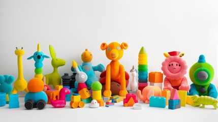 Obraz premium Colorful toys arranged in a row on a white background, capturing the fun and imagination of playtime