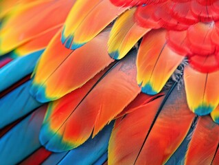 Obraz premium A close up of a bird's colorful feathers, with a mix of red, blue.