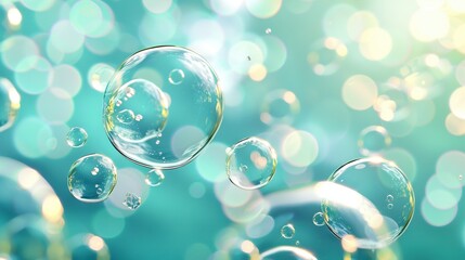   Soap bubbles float in a blue-green haze with a soft light boke behind them