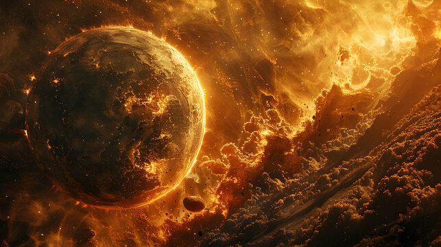  A dystopian solar planet with intense cosmic radiation affecting its surface, creating a harsh and uninhabitable environment 