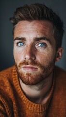 Obraz premium Close-up portrait of a young man with blue eyes and a beard, wearing a brown sweater. He looks directly at the camera with a serious expression.