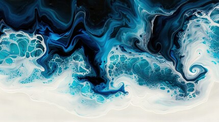 Fototapeta premium An abstract painting featuring blue-white waves against black-white backdrop, with a central black-blue swirl