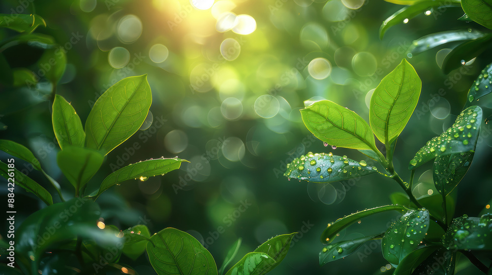 Wall mural Raindrops on green leaves. The leaves are in focus, and the background is blurred. The raindrops are glistening in the sunlight.